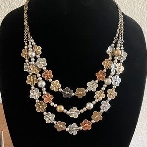 Metal Tri-tone Floral Bead Three Strand Necklace